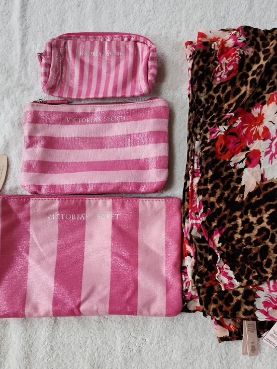 Victoria's Secret Handbags - Victoria's Secret Pink Striped Cosmetic Pouch Trio & Scarf New
